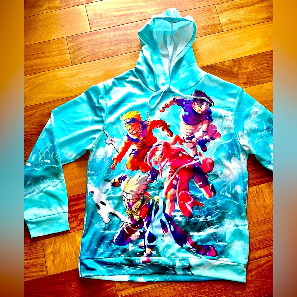 Shein Blue Multicolor Naruto Pullover Graphic Print Hoodie Adult Size Medium